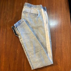 Men's Light Blue Jeans with Painted White Stripe and Zipper Detail